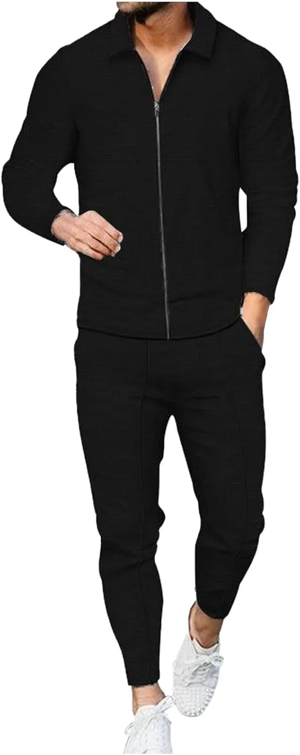 Cambkatl Men's Waffle Knit Tracksuits Lapel Collar Full Zip Up Long Sleeve Jacket 2 Piece Casual Athletic Jogging Outfits