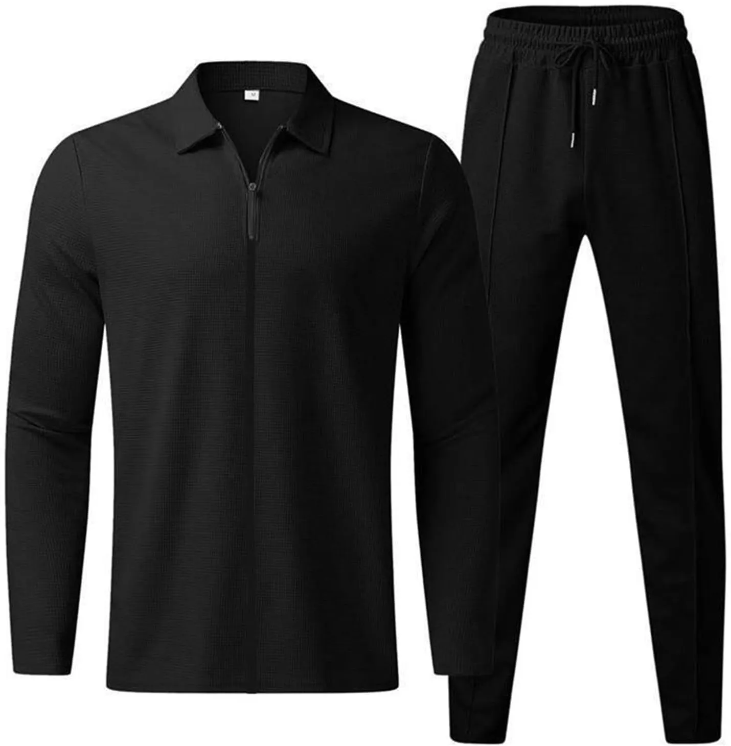 Cambkatl Men's Waffle Knit Tracksuits Lapel Collar Full Zip Up Long Sleeve Jacket 2 Piece Casual Athletic Jogging Outfits