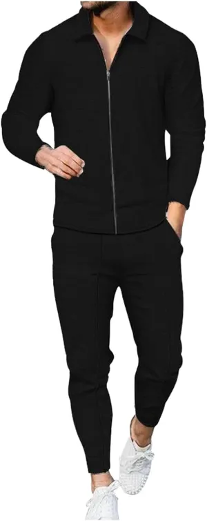 Cambkatl Men's Waffle Knit Tracksuits Lapel Collar Full Zip Up Long Sleeve Jacket 2 Piece Casual Athletic Jogging Outfits