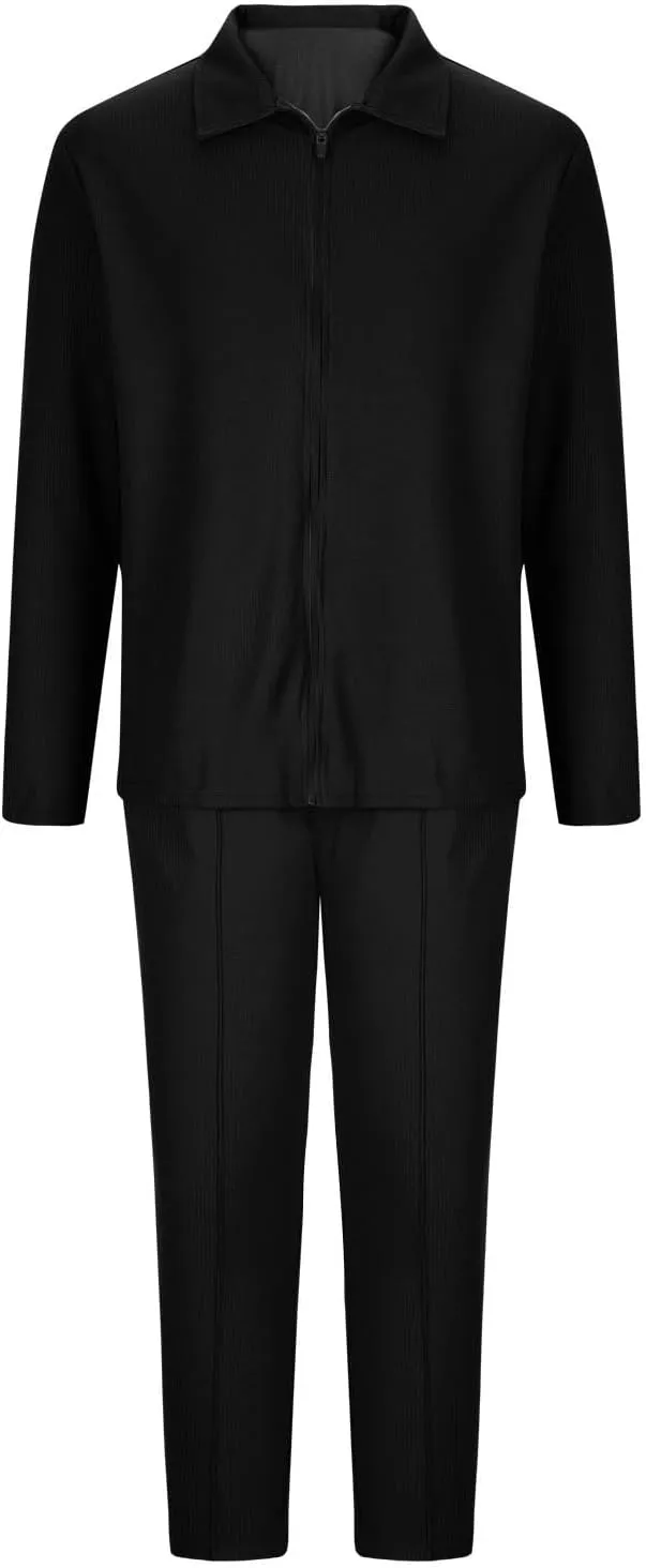 Cambkatl Men's Waffle Knit Tracksuits Lapel Collar Full Zip Up Long Sleeve Jacket 2 Piece Casual Athletic Jogging Outfits