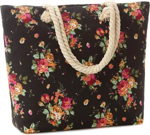 Canvas Tote Beach Bag, Rope Handle Water Resistant Shoulder Bag (L17"xH13"xW4", Black)