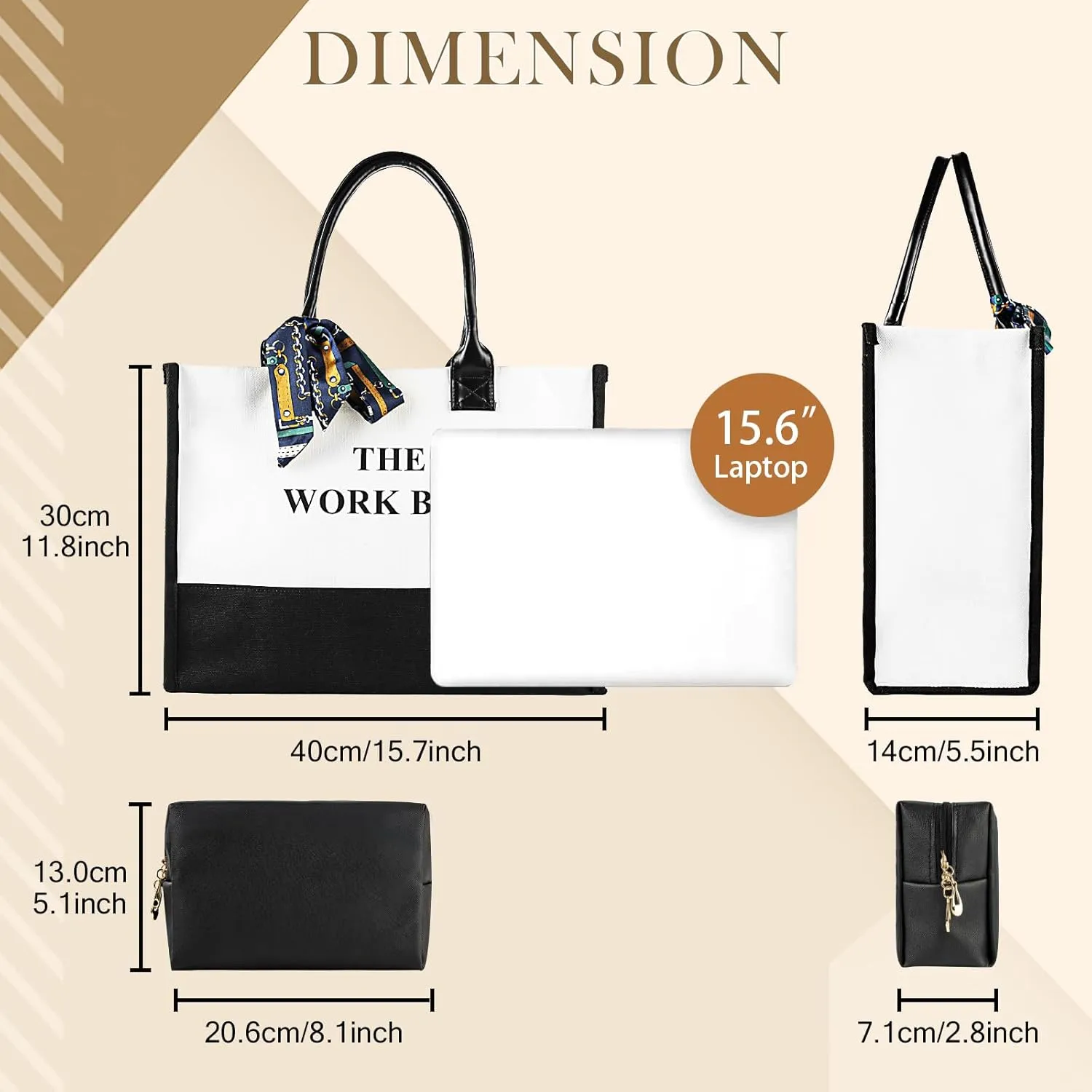 Canvas Work Bag, Personalized Tote Handbags with Extra Pouch for Travel College Office, Monogrammed Tote Gifts Bag