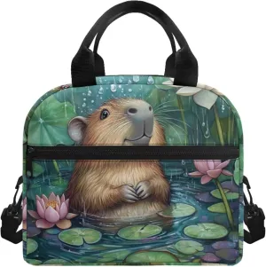 Capybara Lunch Cooler Bag Green Pond Insulated Lunchbag for School Lightweight Lunchbox Tote with Detachable Shoulder Strap Ideal Gifts for Girls
