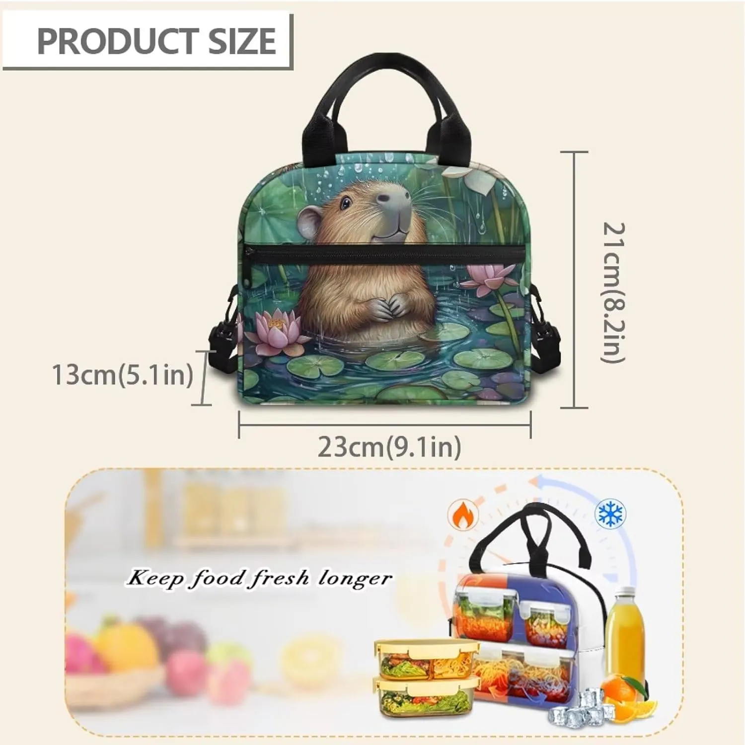 Capybara Lunch Cooler Bag Green Pond Insulated Lunchbag for School Lightweight Lunchbox Tote with Detachable Shoulder Strap Ideal Gifts for Girls