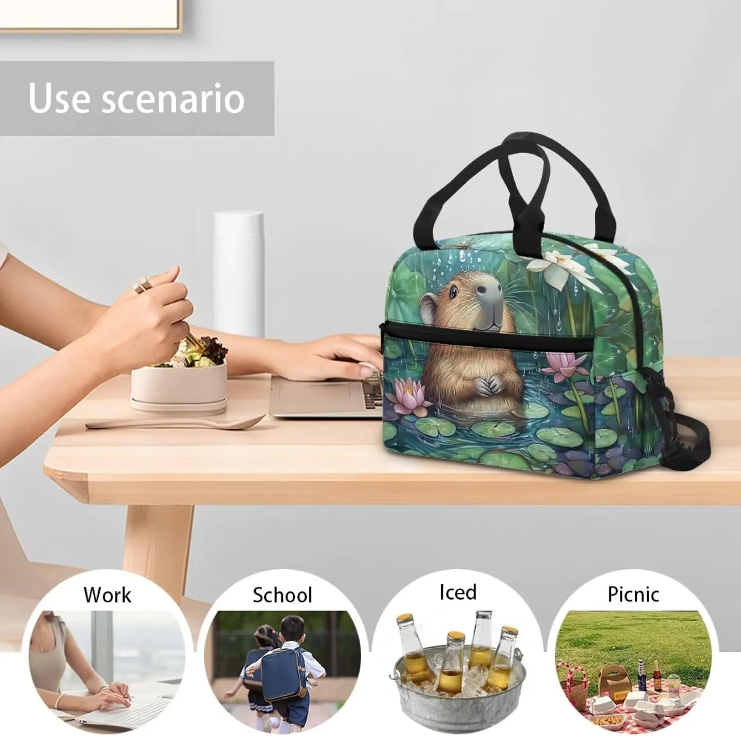 Capybara Lunch Cooler Bag Green Pond Insulated Lunchbag for School Lightweight Lunchbox Tote with Detachable Shoulder Strap Ideal Gifts for Girls