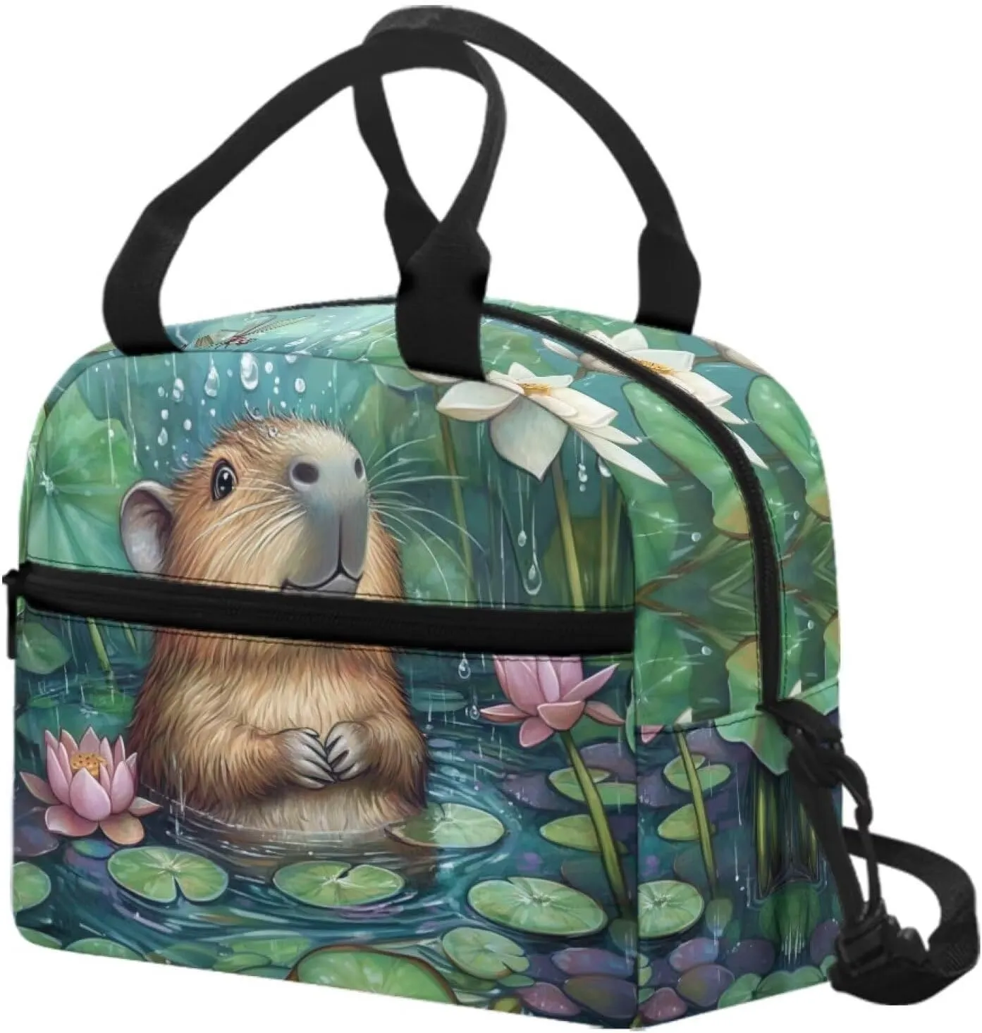 Capybara Lunch Cooler Bag Green Pond Insulated Lunchbag for School Lightweight Lunchbox Tote with Detachable Shoulder Strap Ideal Gifts for Girls