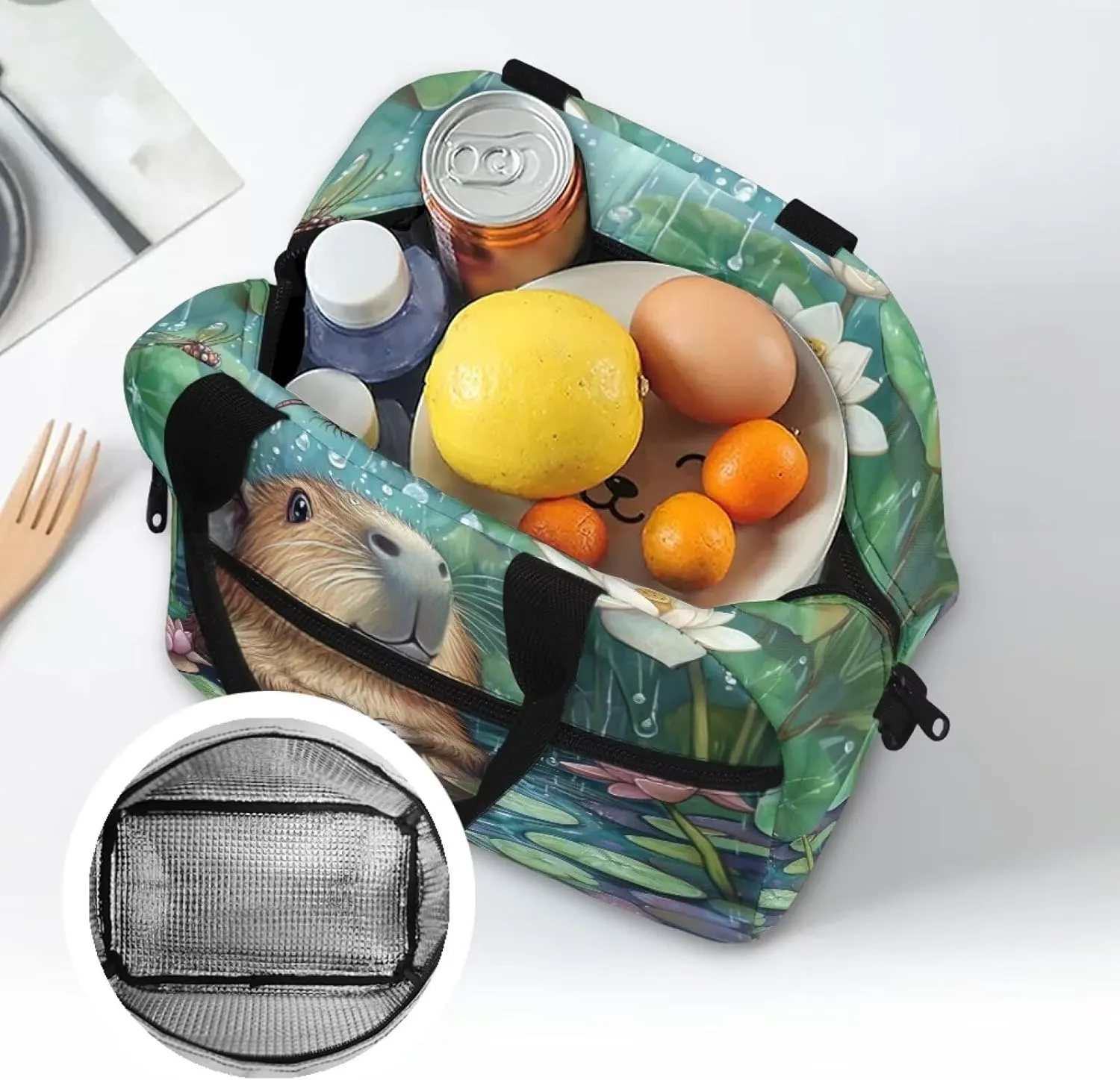 Capybara Lunch Cooler Bag Green Pond Insulated Lunchbag for School Lightweight Lunchbox Tote with Detachable Shoulder Strap Ideal Gifts for Girls