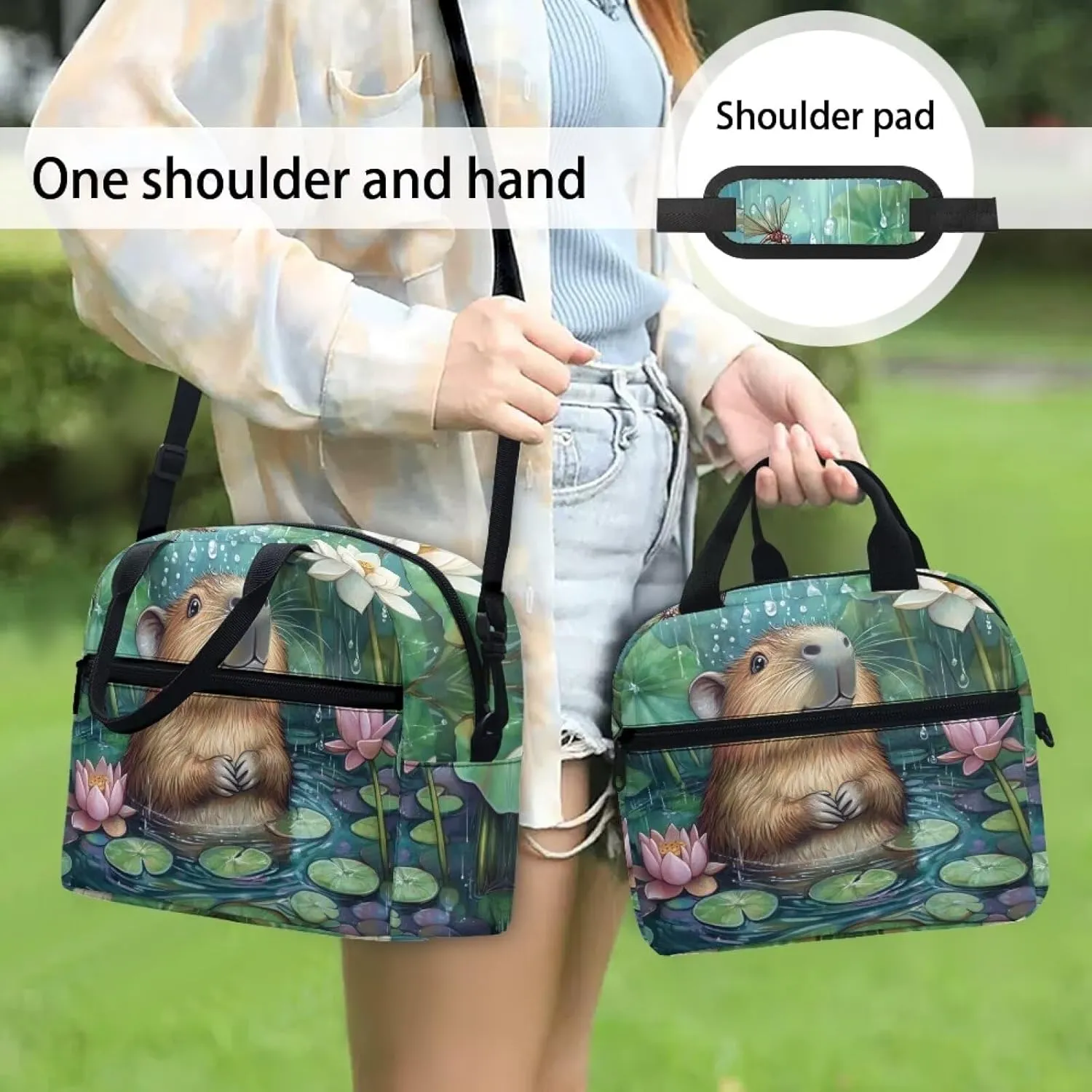 Capybara Lunch Cooler Bag Green Pond Insulated Lunchbag for School Lightweight Lunchbox Tote with Detachable Shoulder Strap Ideal Gifts for Girls