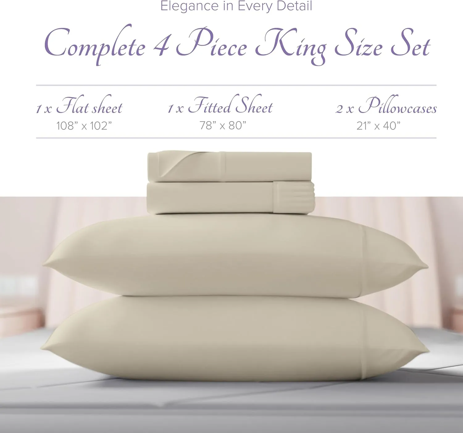 Carressa Linen Luxury Egyptian Cotton 4 PC King Size Sheet Set - 600 Thread Count Deep Pocket Fitted & Flat Sheets, Soft, Cooling Extra Long Staple Hotel-Quality Bedding with Sateen Weave - Beach Sand