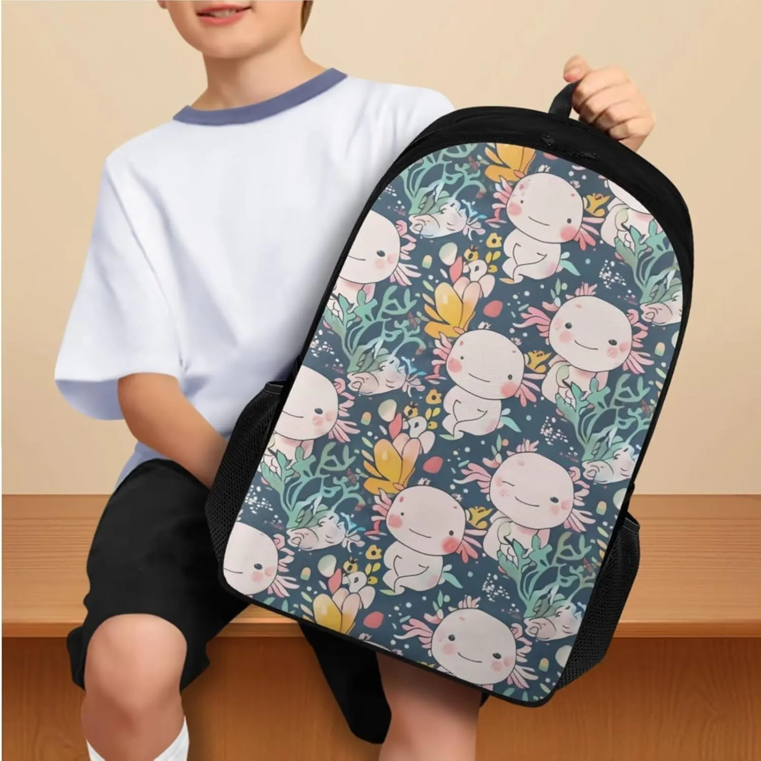 Cartoon Axolotl School Bag for Teen Girls 3 Piece Backpack Set with Lunch Box Cute Pencil Case Bookbag with 1 Main Compartment Birthday/Christmas Gift for Kids Toddlers 3-5