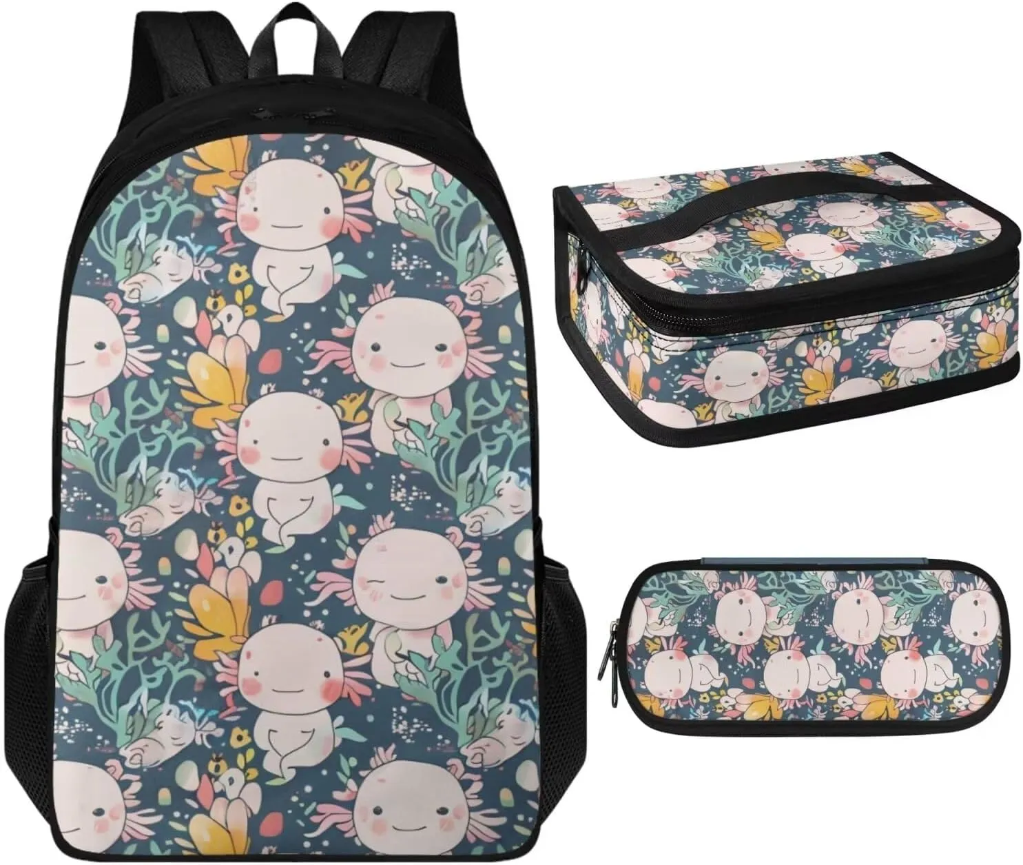 Cartoon Axolotl School Bag for Teen Girls 3 Piece Backpack Set with Lunch Box Cute Pencil Case Bookbag with 1 Main Compartment Birthday/Christmas Gift for Kids Toddlers 3-5