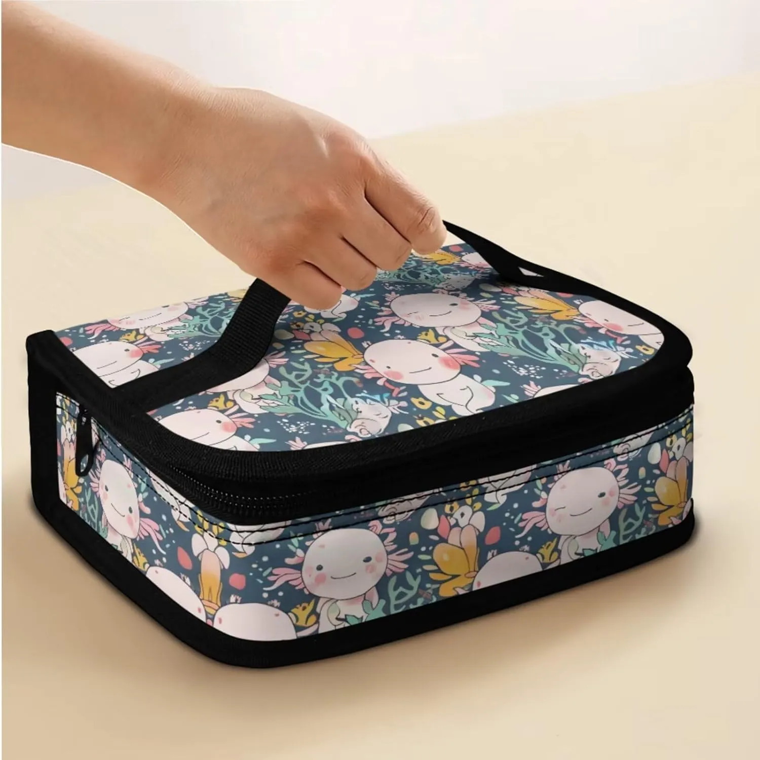 Cartoon Axolotl School Bag for Teen Girls 3 Piece Backpack Set with Lunch Box Cute Pencil Case Bookbag with 1 Main Compartment Birthday/Christmas Gift for Kids Toddlers 3-5