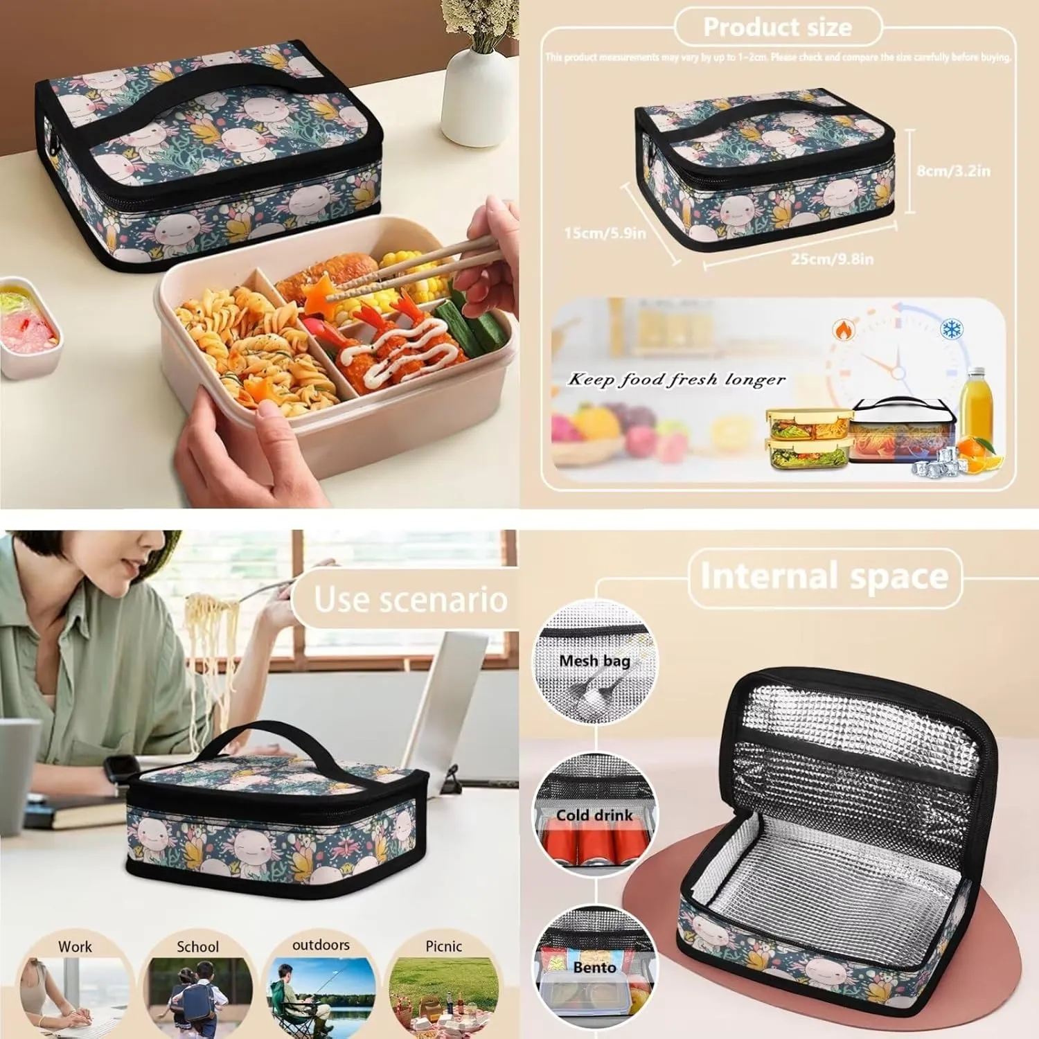 Cartoon Axolotl School Bag for Teen Girls 3 Piece Backpack Set with Lunch Box Cute Pencil Case Bookbag with 1 Main Compartment Birthday/Christmas Gift for Kids Toddlers 3-5
