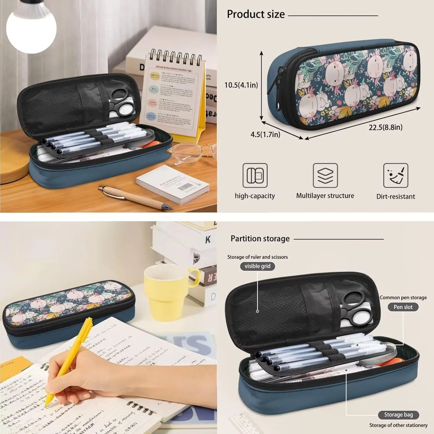 Cartoon Axolotl School Bag for Teen Girls 3 Piece Backpack Set with Lunch Box Cute Pencil Case Bookbag with 1 Main Compartment Birthday/Christmas Gift for Kids Toddlers 3-5