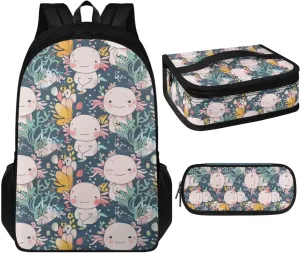 Cartoon Axolotl School Bag for Teen Girls 3 Piece Backpack Set with Lunch Box Cute Pencil Case Bookbag with 1 Main Compartment Birthday/Christmas Gift for Kids Toddlers 3-5