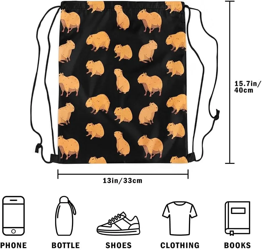 Cartoon Brown Capybara Drawstring Backpack,3D Cute Rodent Capybara Reversible Drawstring Bags 13X15.7,Cute Wildlife String Backpack for Sport Traveling Camping Swim