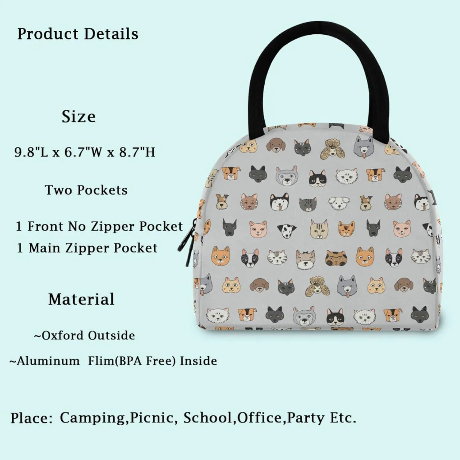 Cartoon Colors Dogs Floral Pattern Reusable Lunch Hand Bag with Front Pocket Insulated Thermal Zipper Closure Cooler Container Bag for School Work Picnic Travel Fishing Beach