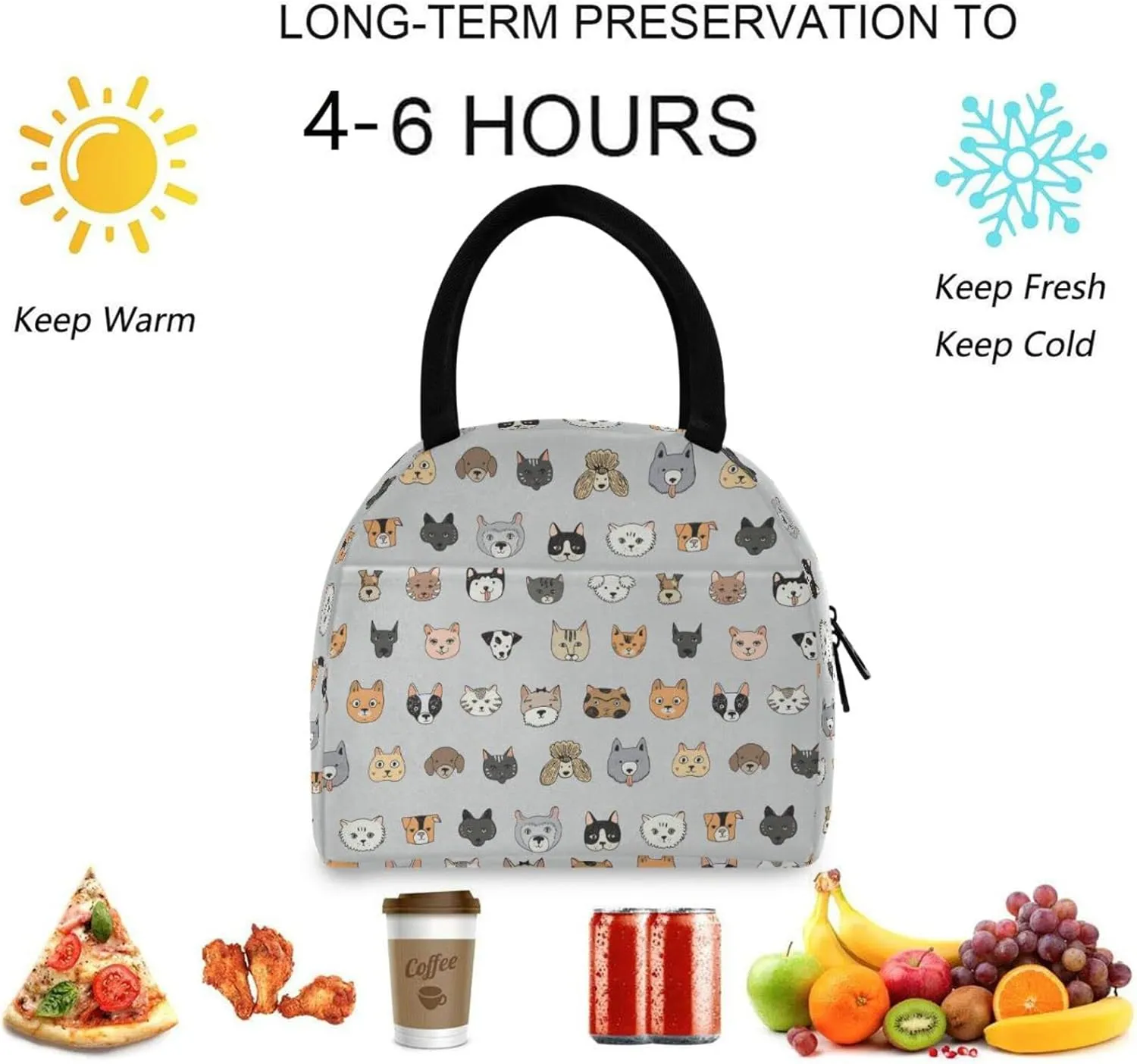 Cartoon Colors Dogs Floral Pattern Reusable Lunch Hand Bag with Front Pocket Insulated Thermal Zipper Closure Cooler Container Bag for School Work Picnic Travel Fishing Beach