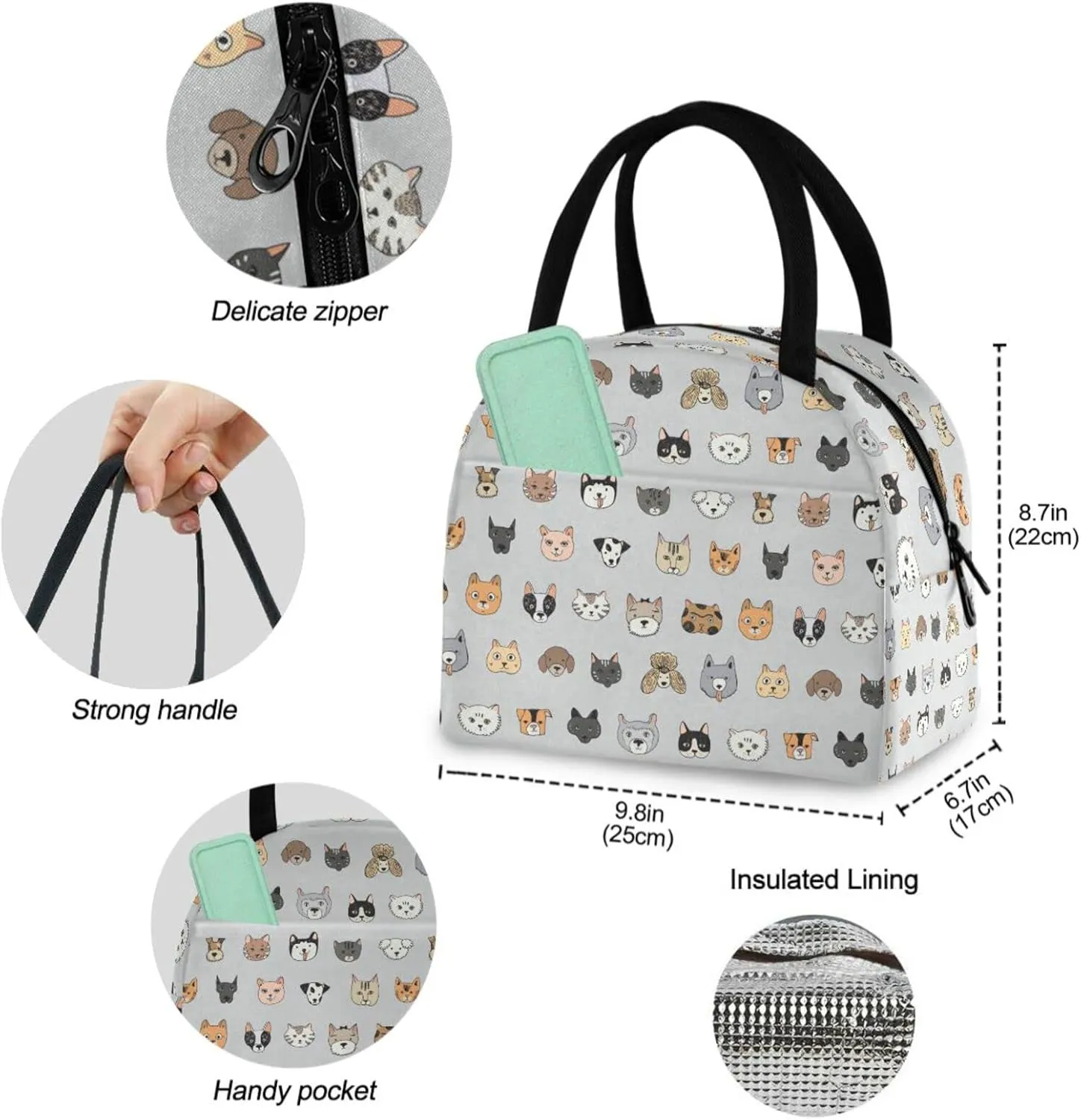 Cartoon Colors Dogs Floral Pattern Reusable Lunch Hand Bag with Front Pocket Insulated Thermal Zipper Closure Cooler Container Bag for School Work Picnic Travel Fishing Beach