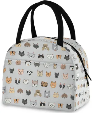 Cartoon Colors Dogs Floral Pattern Reusable Lunch Hand Bag with Front Pocket Insulated Thermal Zipper Closure Cooler Container Bag for School Work Picnic Travel Fishing Beach