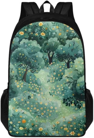 Cartoon Forest Floral Print Casual Backpack for Women Men Cute Yellow Flower Forests Tree Pattern Lightweight 17 Inch Work Bag for Sports, Travel, Business or College