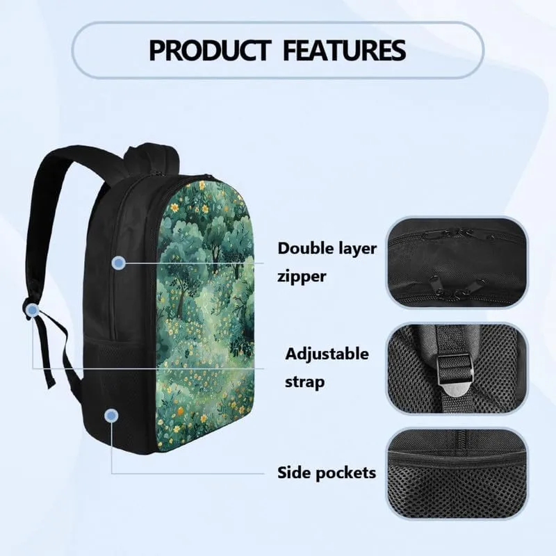 Cartoon Forest Floral Print Casual Backpack for Women Men Cute Yellow Flower Forests Tree Pattern Lightweight 17 Inch Work Bag for Sports, Travel, Business or College