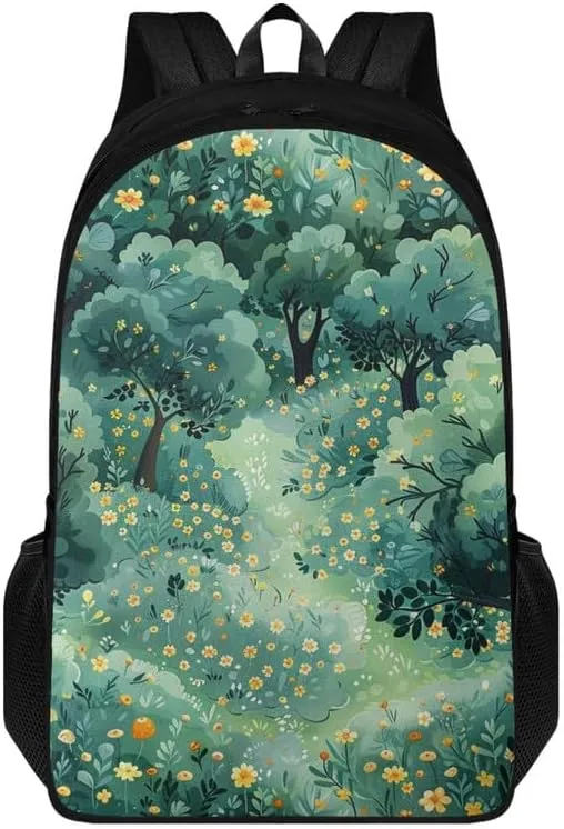 Cartoon Forest Floral Print Casual Backpack for Women Men Cute Yellow Flower Forests Tree Pattern Lightweight 17 Inch Work Bag for Sports, Travel, Business or College