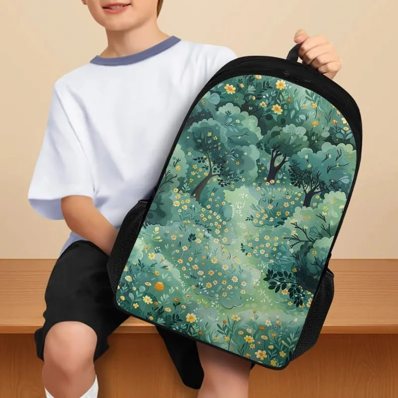 Cartoon Forest Floral Print Casual Backpack for Women Men Cute Yellow Flower Forests Tree Pattern Lightweight 17 Inch Work Bag for Sports, Travel, Business or College