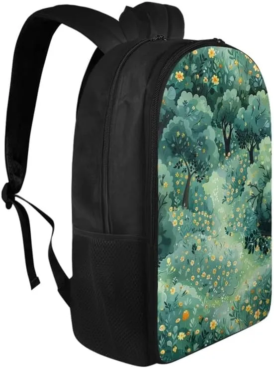 Cartoon Forest Floral Print Casual Backpack for Women Men Cute Yellow Flower Forests Tree Pattern Lightweight 17 Inch Work Bag for Sports, Travel, Business or College