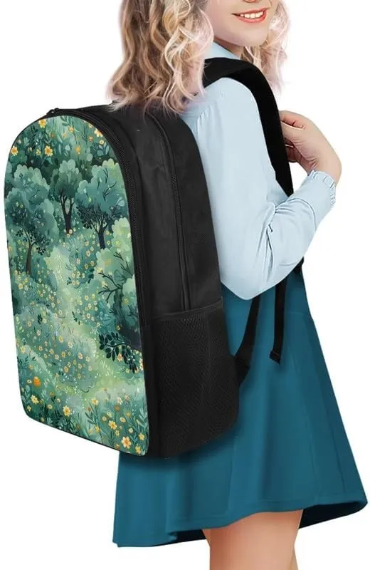 Cartoon Forest Floral Print Casual Backpack for Women Men Cute Yellow Flower Forests Tree Pattern Lightweight 17 Inch Work Bag for Sports, Travel, Business or College