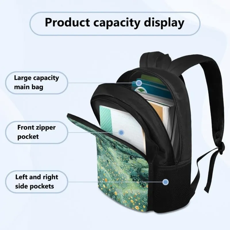Cartoon Forest Floral Print Casual Backpack for Women Men Cute Yellow Flower Forests Tree Pattern Lightweight 17 Inch Work Bag for Sports, Travel, Business or College
