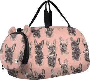 Cartoon Funny French Bulldog Dogs Peach Kids Cute Gym Bag with Shoes Compartment Multifunctional Travel Duffel Bag for Beach Swim Pool Sports bolsos de para hombre