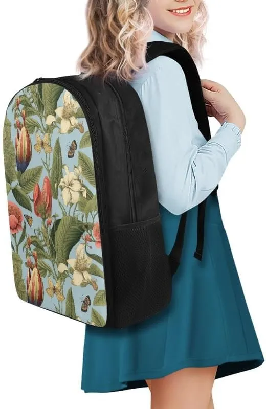 Cartoon Iris Floral Print 17.3 inch Durable College Rucksack Bag Cute Butterfly Retro Flower Travel Business Casual Backpack for Men Women Work Backpack