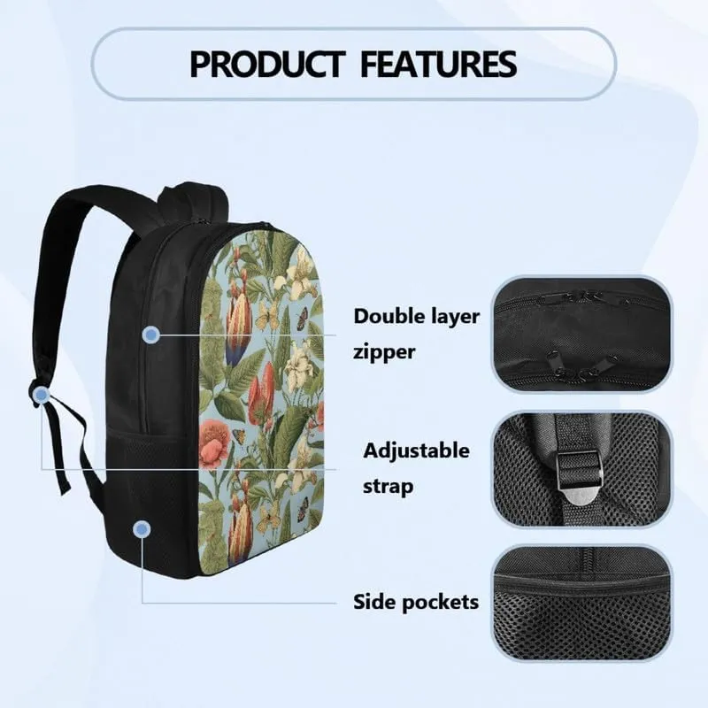 Cartoon Iris Floral Print 17.3 inch Durable College Rucksack Bag Cute Butterfly Retro Flower Travel Business Casual Backpack for Men Women Work Backpack