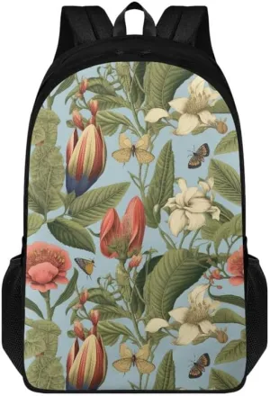 Cartoon Iris Floral Print 17.3 inch Durable College Rucksack Bag Cute Butterfly Retro Flower Travel Business Casual Backpack for Men Women Work Backpack
