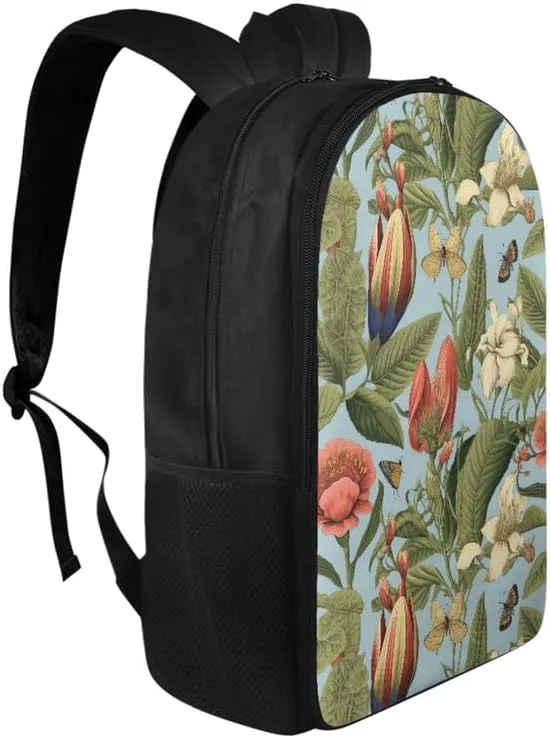 Cartoon Iris Floral Print 17.3 inch Durable College Rucksack Bag Cute Butterfly Retro Flower Travel Business Casual Backpack for Men Women Work Backpack