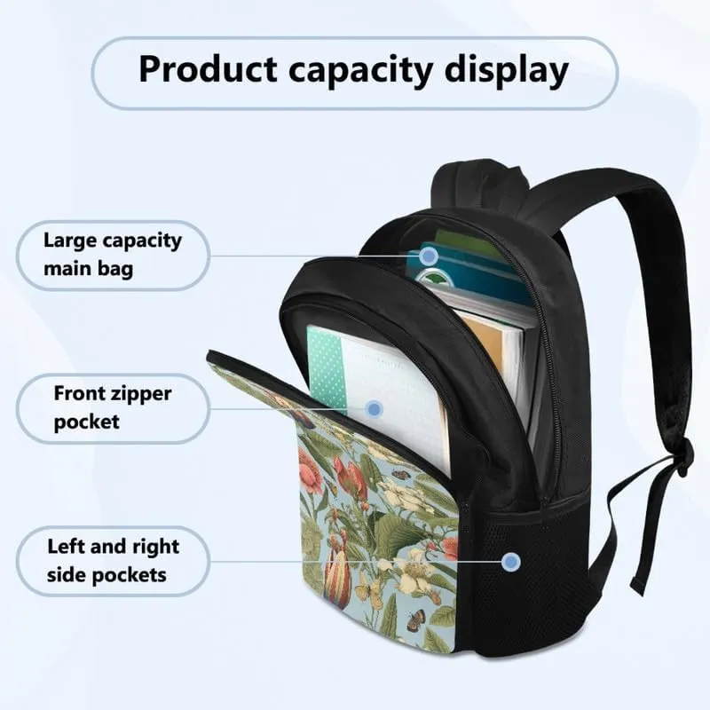 Cartoon Iris Floral Print 17.3 inch Durable College Rucksack Bag Cute Butterfly Retro Flower Travel Business Casual Backpack for Men Women Work Backpack