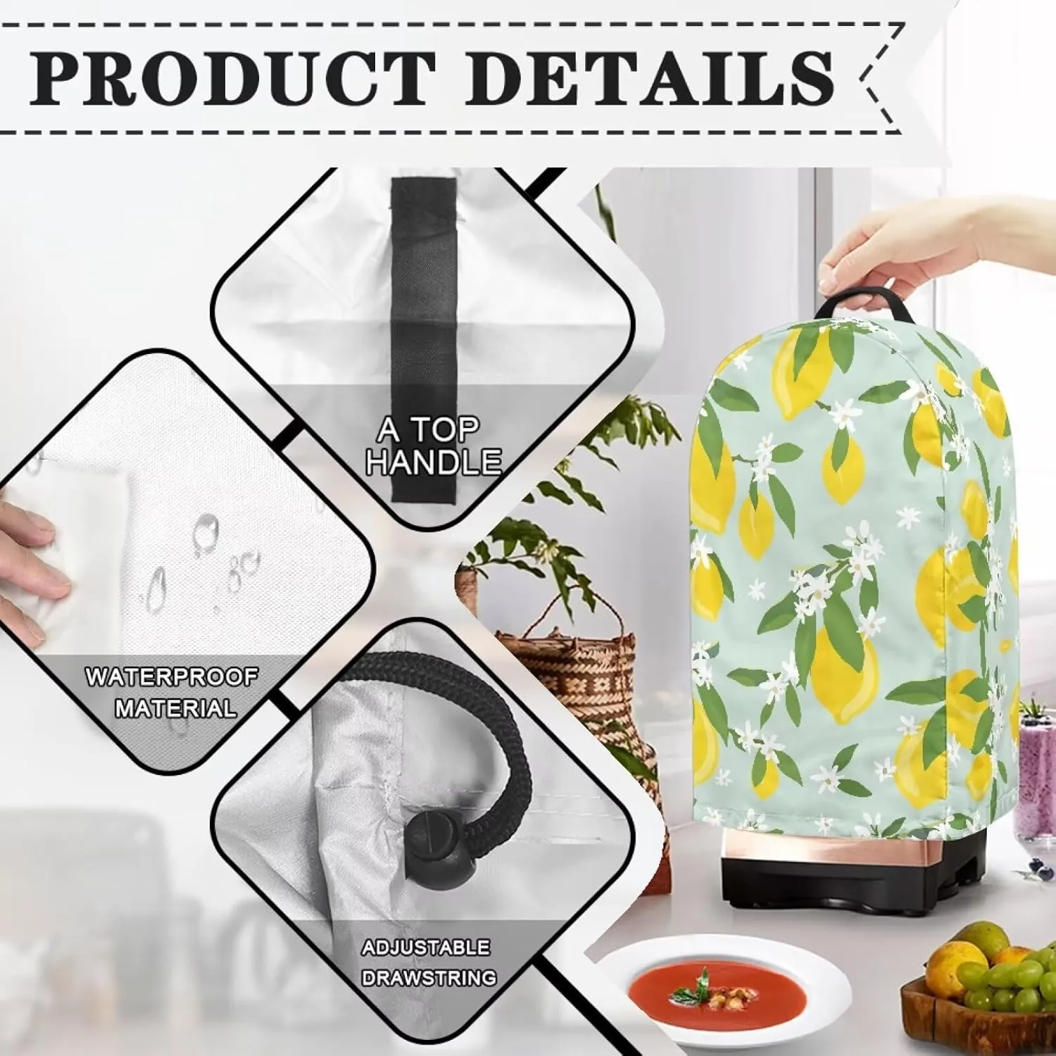 Cartoon Lemon Food Processor Cover Compatible with Cuisinart and Hamilton Beach 11-14 Cup Processor Food Processor Dust Cover with Adjustable Drawstring