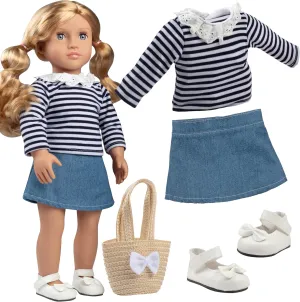 Casual Back to School Day Doll Outfit for 18" Dolls - Premium Handmade Clothes -4 Piece Clothes Set Costume Includes Shirt, Skirt, Shoes, & Purse, Gifts for Girls Kids Birthday