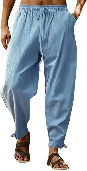 Casual Cotton Linen Pants for Men 2025 Summer Beach Elastic Drawstring Waist Yoga Pants Travel Baggy Work Trousers