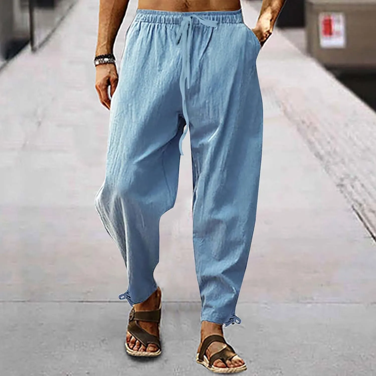 Casual Cotton Linen Pants for Men 2025 Summer Beach Elastic Drawstring Waist Yoga Pants Travel Baggy Work Trousers