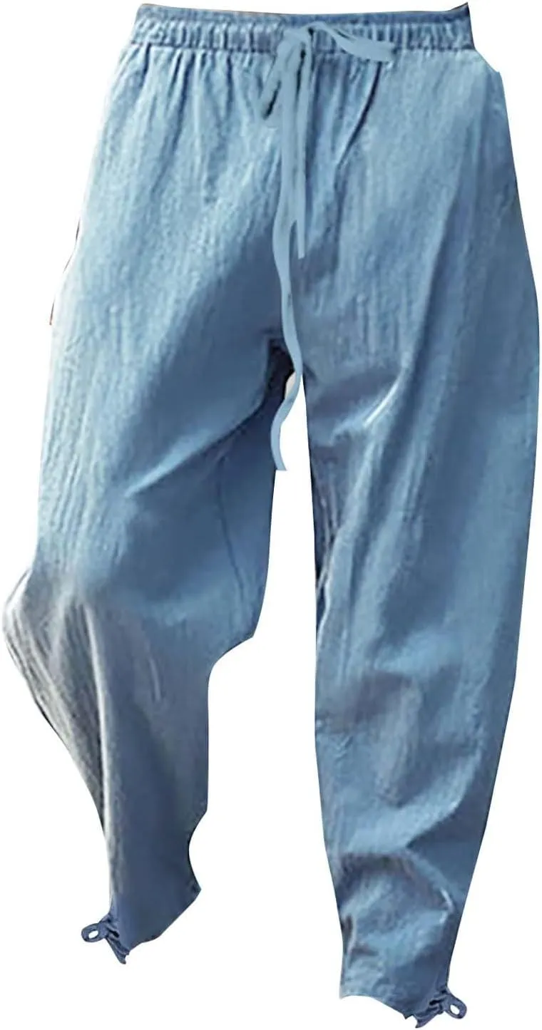 Casual Cotton Linen Pants for Men 2025 Summer Beach Elastic Drawstring Waist Yoga Pants Travel Baggy Work Trousers