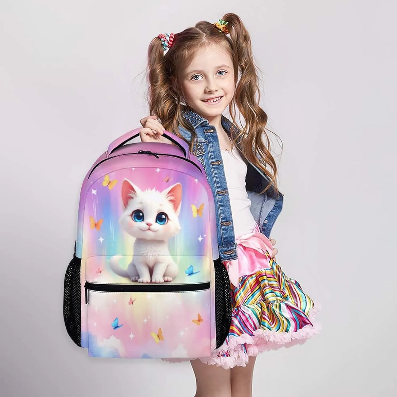 Cat Backpack for Kids, Schoolbag for Girls, 17 Inch Lightweight Cat Bookbag for School, Large Capacity Backpack for Kindergarten Preschool Elementary