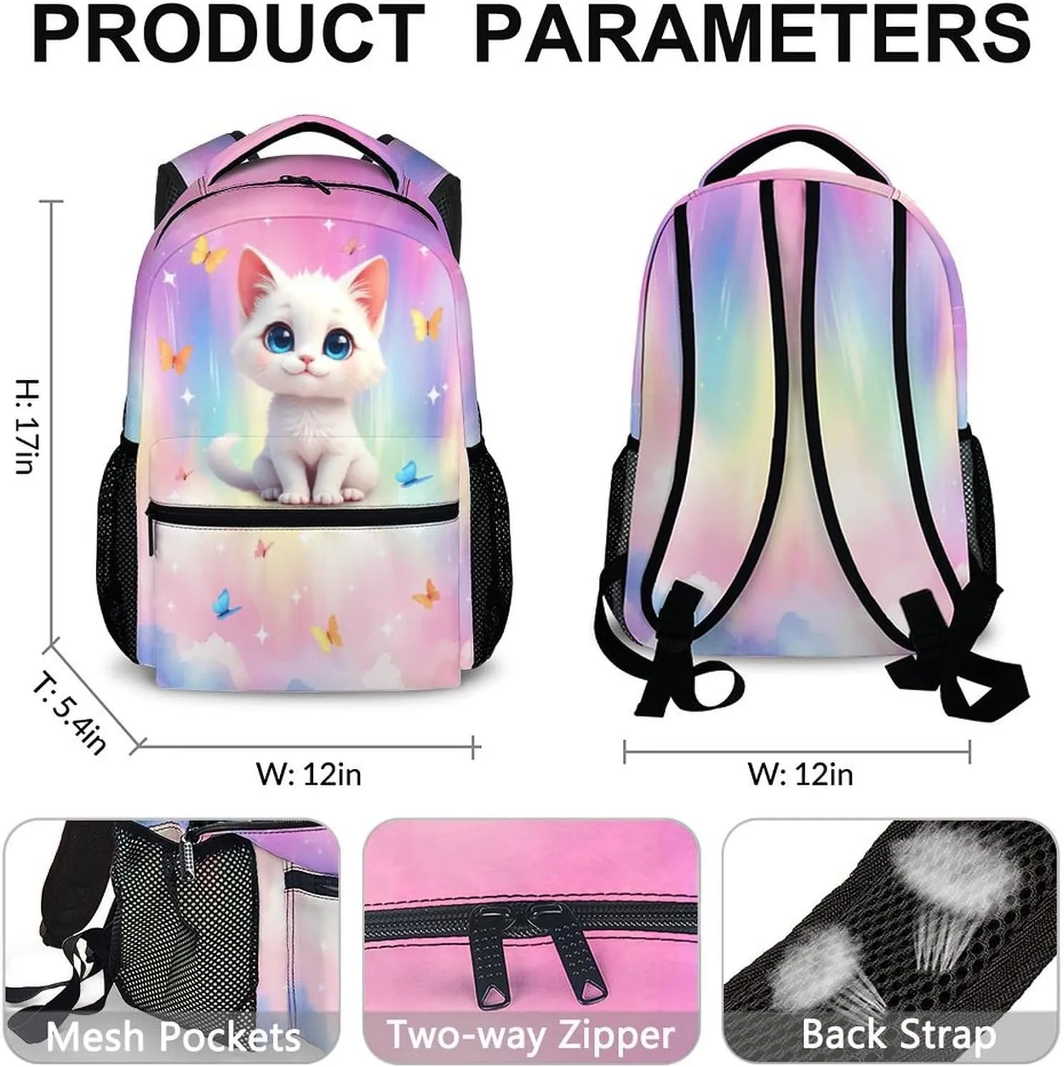Cat Backpack for Kids, Schoolbag for Girls, 17 Inch Lightweight Cat Bookbag for School, Large Capacity Backpack for Kindergarten Preschool Elementary