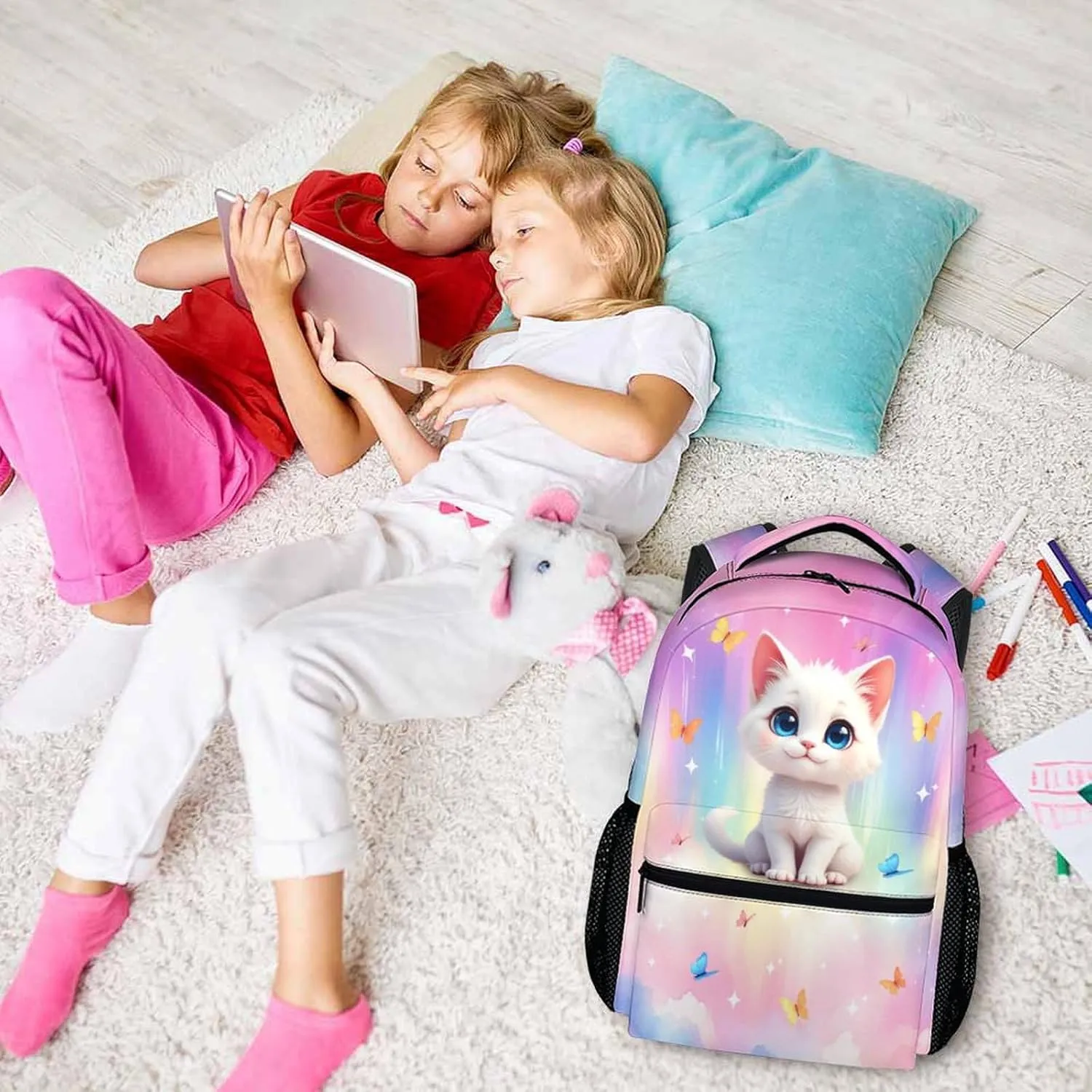 Cat Backpack for Kids, Schoolbag for Girls, 17 Inch Lightweight Cat Bookbag for School, Large Capacity Backpack for Kindergarten Preschool Elementary