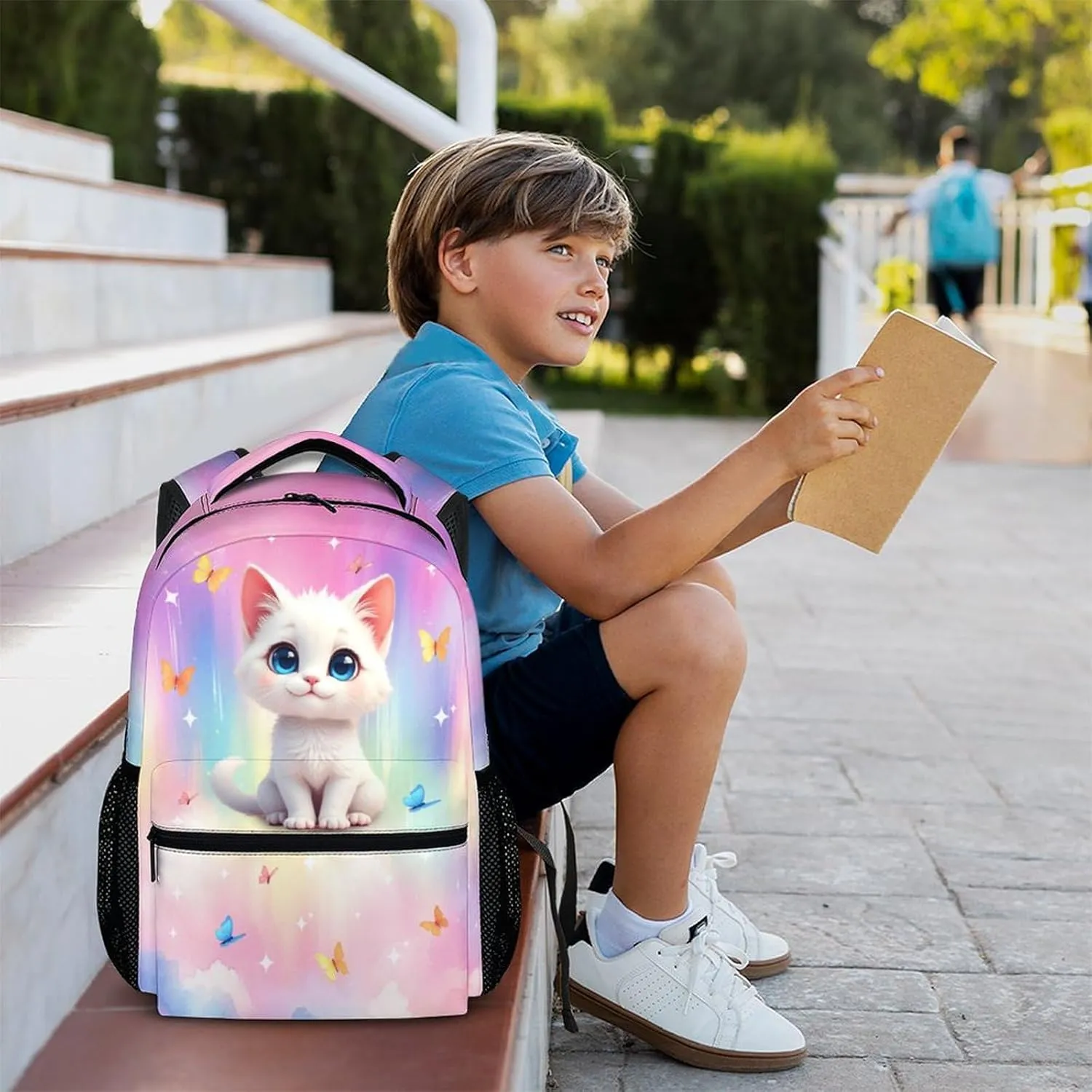 Cat Backpack for Kids, Schoolbag for Girls, 17 Inch Lightweight Cat Bookbag for School, Large Capacity Backpack for Kindergarten Preschool Elementary