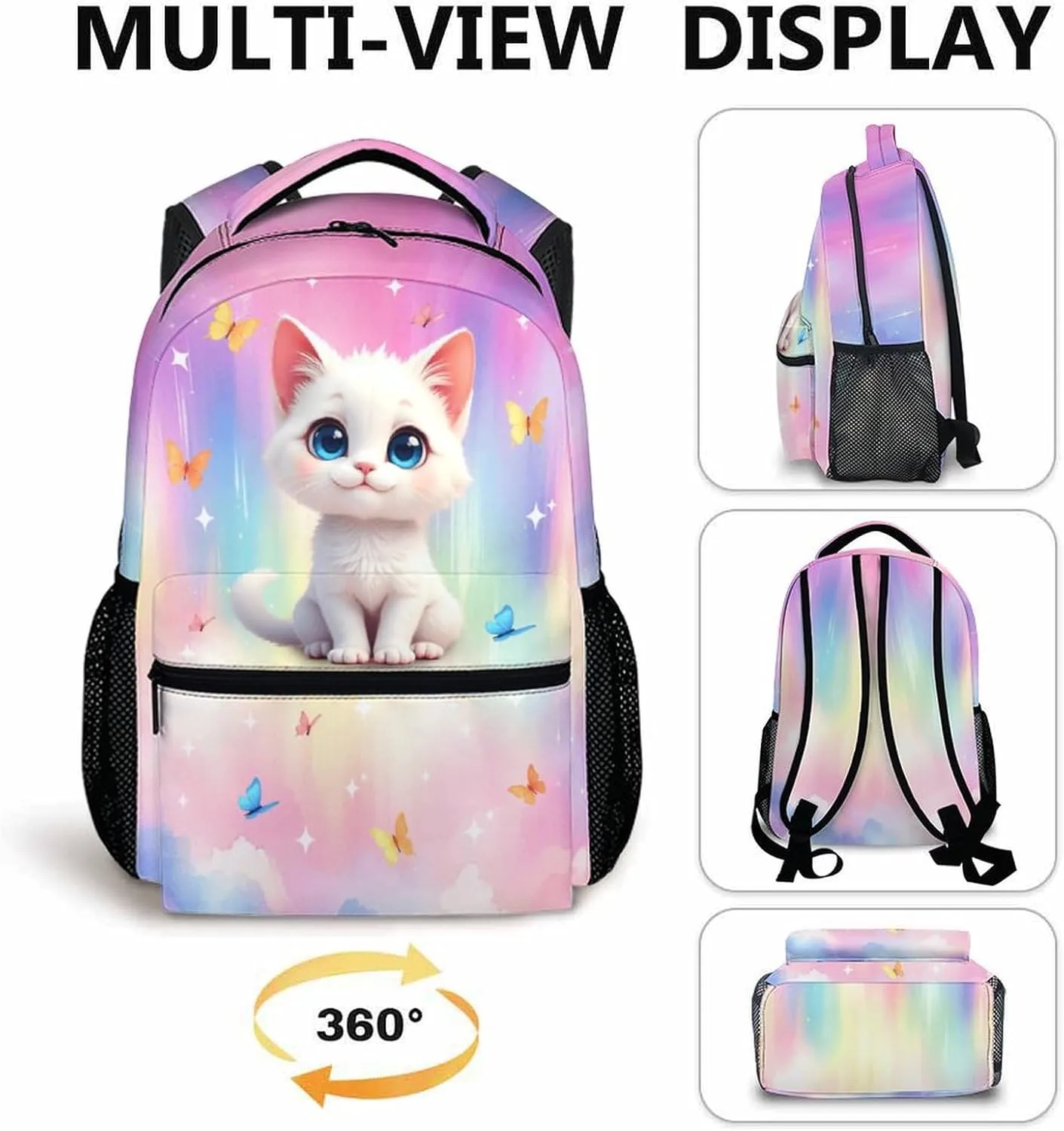 Cat Backpack for Kids, Schoolbag for Girls, 17 Inch Lightweight Cat Bookbag for School, Large Capacity Backpack for Kindergarten Preschool Elementary