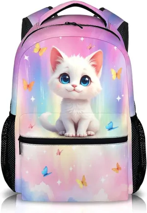 Cat Backpack for Kids, Schoolbag for Girls, 17 Inch Lightweight Cat Bookbag for School, Large Capacity Backpack for Kindergarten Preschool Elementary