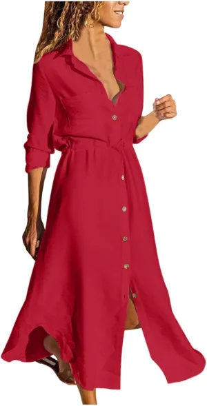 Ceboyel Linen Shirt Dresses for Women Button Down Drawstring Causal Dress Plain Long Maxi Dresses Trendy Ladies Outfits 2023