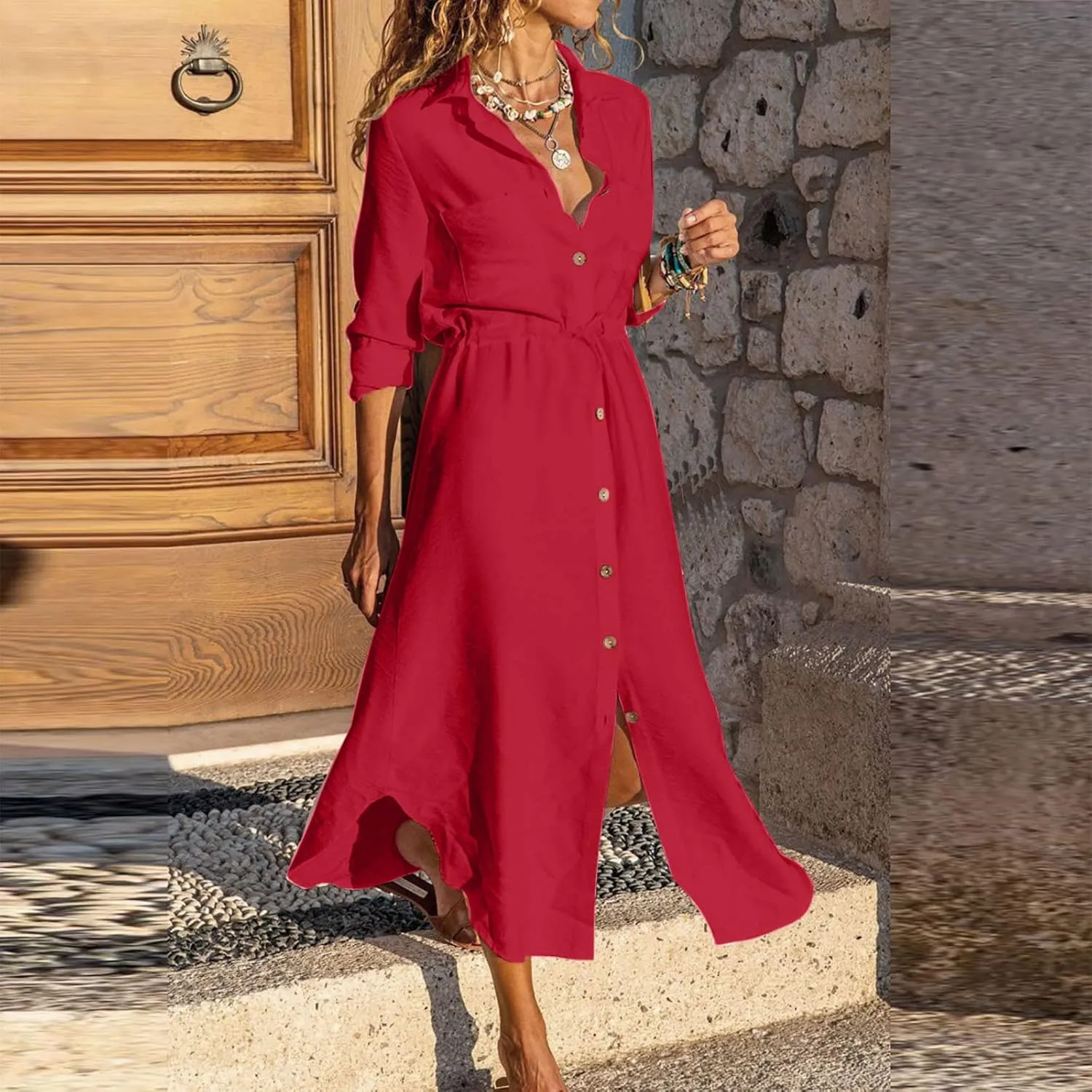 Ceboyel Linen Shirt Dresses for Women Button Down Drawstring Causal Dress Plain Long Maxi Dresses Trendy Ladies Outfits 2023